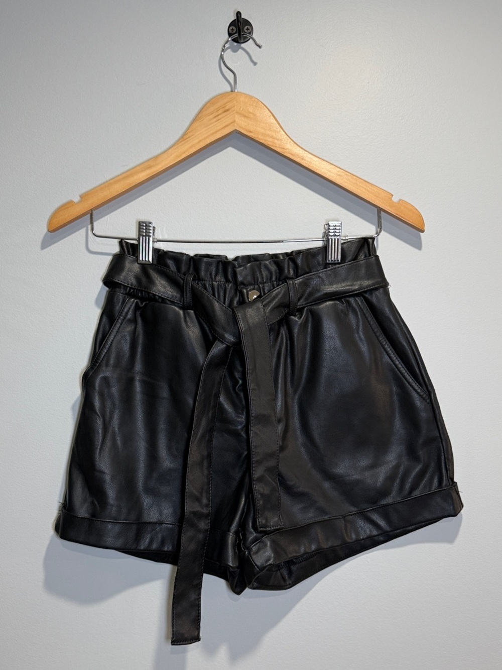 High-Waist Black Faux Leather Paperbag Shorts with Belt